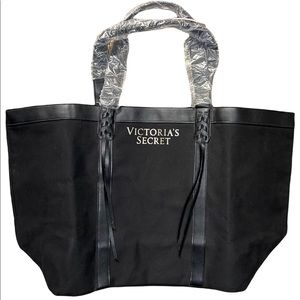 NEW VICTORIA'S SECRET BLACK FRINGE TOTE HANDBAG BEACH BAG PURSE LARGE SPORT GYM